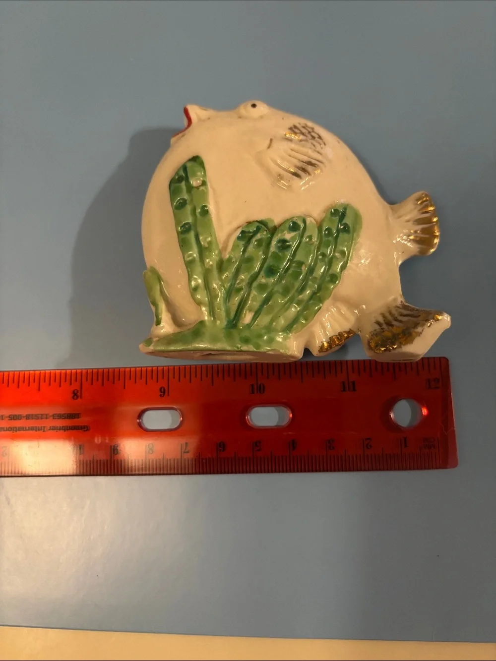 VINTAGE,Ceramic Puffer Fish Figurine - White with Green Accent